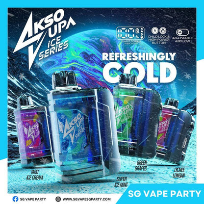 AKSO-SUPA-TARO-ICE-CREAM,-AKSO-SUPA-SUPER-ICE-MINT,-AKSO-SUPA-GREEN-GRAPES-and-AKSO-SUPA-LYCHEE-LONGAN-SG-VAPE-SG-PARTY