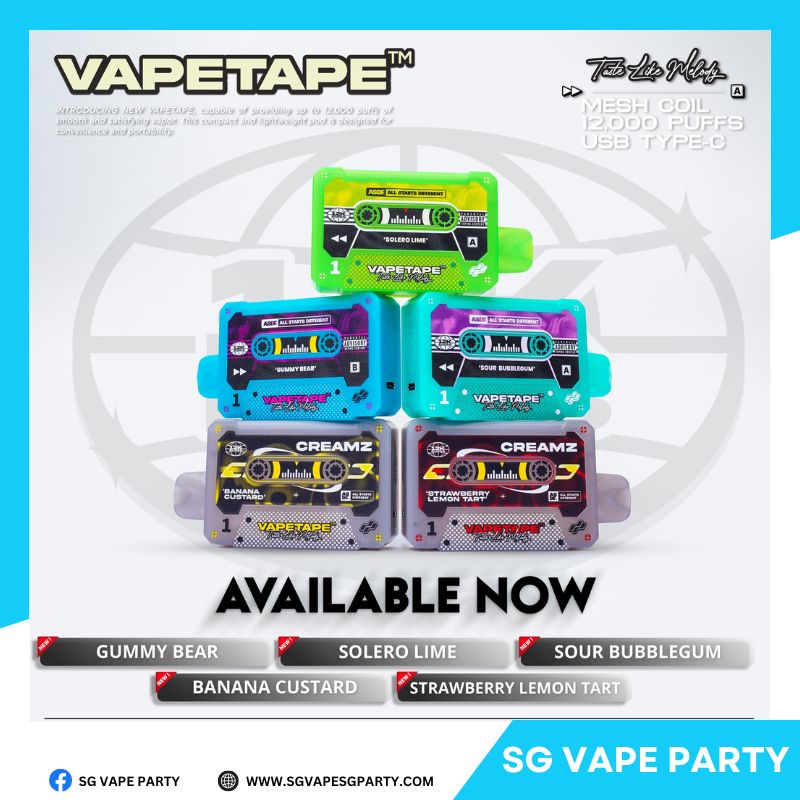 VAPETAPE 12000 GUMMY BEAR, VAPETAPE 12000 SOLERO LIME, VAPETAPE 12000 SOUR BUBBLEGUM, VAPETAPE 12000 BANANA CUSTARD AND VAPETAPE 12000 STRAWBERRY LEMON TART.